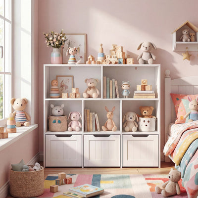 Toy Storage Organizer with 3 Movable Drawers and 5 Open Cubbies for Playroom-White