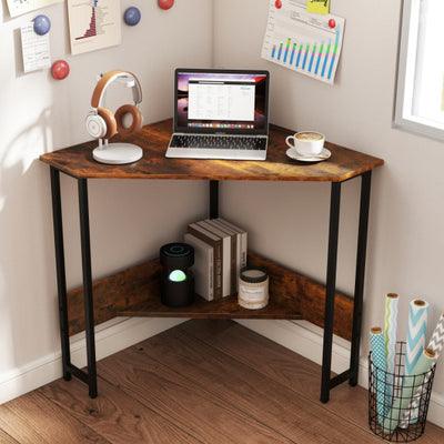 Triangle Computer Corner Desk with Charging Station-Rustic Brown