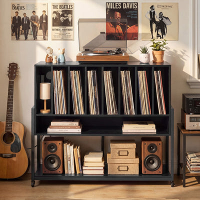Turntable Stand with Charging Station and Vinyl Storage Shelves-Black