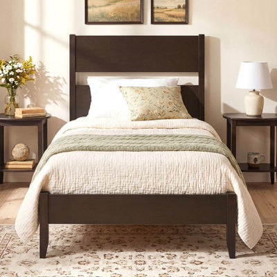 Twin Bed Frame with Headboard with Solid Wood Legs 12 Slats-Warm Brown