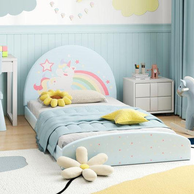 Twin Floor Bed Frame Upholstered Twin Size Kids Floor Bed with 210D Oxford Cloth Floor Mat-Blue