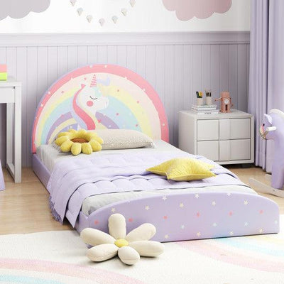 Twin Floor Bed Frame Upholstered Twin Size Kids Floor Bed with 210D Oxford Cloth Floor Mat-Purple