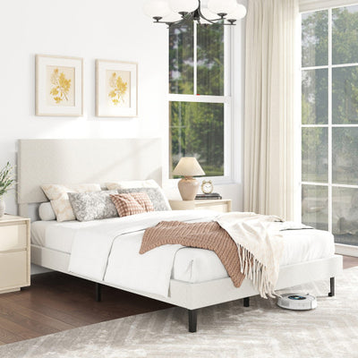 Twin/Full/Queen Size Velvet Bed Frame Upholstered Platform Bed with Chevron Headboard Beige-Full