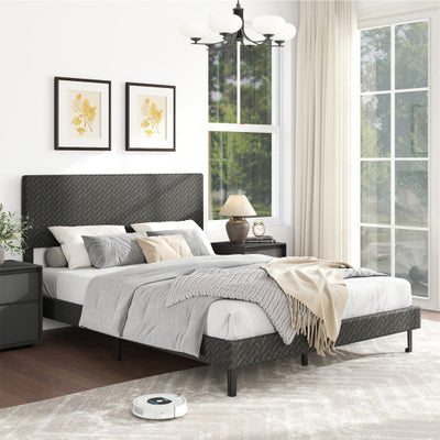 Twin/Full/Queen Size Velvet Bed Frame Upholstered Platform Bed with Chevron Headboard Gray-Queen