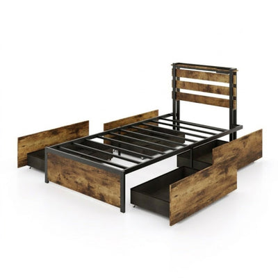 Twin Bed Frame with 4 Large Storage Drawers – Space-Saving Platform Bed for Small Rooms