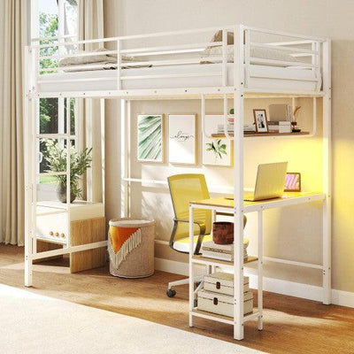 Twin Loft Bed with Desk LED Lights Charging Station Heavy-duty Metal Bed Frame with Guardrail-White