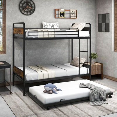 Twin Over Twin Bunk Bed with Trundle with Ladder and Full-length Guardrails-Black