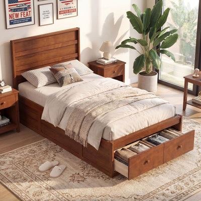 Twin Size Bed Frame with Storage Drawers and Headboard-Walnut