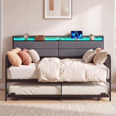 Twin Size Daybed with Trundle and Metal Bed Frame with Headboard-Rustic Brown