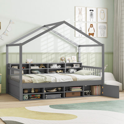 Twin Size House Bed with Roof with 14 Storage Cubes and Enclosed Cabinet-Gray