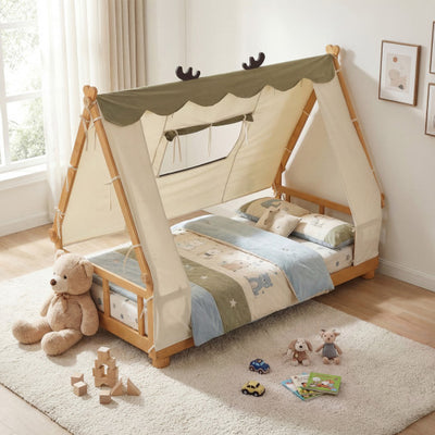 Twin Size House Floor Wood Bed with Tent-Natural