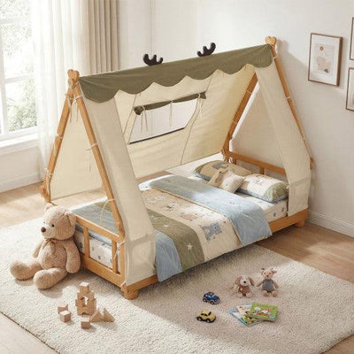 Twin Size House Floor Wood Bed with Tent-Natural