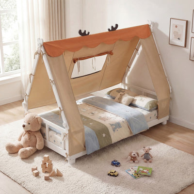 Twin Size House Floor Wood Bed with Tent-White