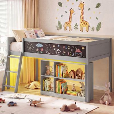 Twin Size Kids Loft Bed with LED Lights and Removable Bookcase-Gray