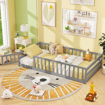 Twin Size Kids Wood Montessori Floor Bed with Door and Fence-Gray