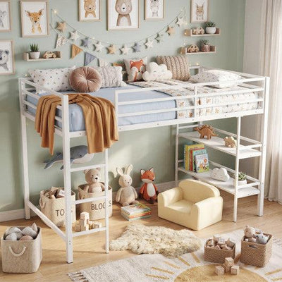 Twin Size Low Loft Bed with Ladder and Storage Shelves Metal Frame for Boys Girls-White