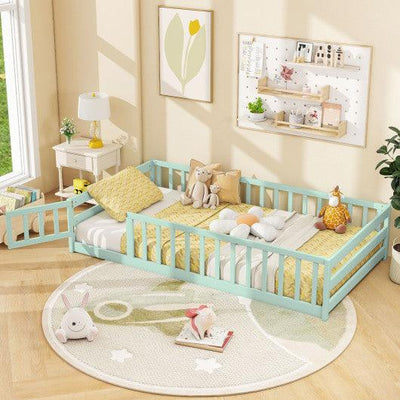Twin Size Montessori Floor Bed Frame with Full Length Safety Guardrails-Green