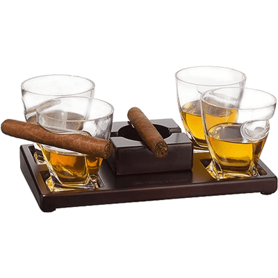 The Wine Savant Cigar Glasses Tray & Ash Tray, 4 Whiskey Cigar Glasses Slot to Hold Cigar, Whiskey Glass Gift Set, Cigar Rest, Accessory Set Gift for Dad, Men Home Office Decor Gifts, Man Cave