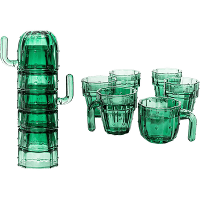 Cactus Stackable Glasses, Stacktus Gifts, Set of 6-10 oz Cactus Shape Glasses With Handles Green Glass Blown Figurines Plant Decorations for Parties 3.5