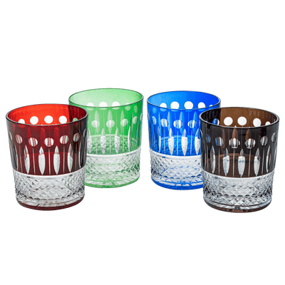 The Wine Savant Crystal Italian Multicolor Design Cups -Set of 4 Whiskey Glasses 8oz 3.5