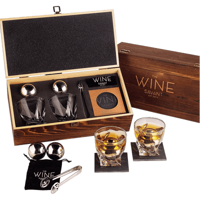 Luxurious Whiskey Stones & Glasses Gift Set - 2 XL Chilling Stainless Steel Whiskey Balls - 2x Crystal Whiskey Glasses, 2x Slate Stone Coasters, Freezer Pouch & Tongs - Set in Premium Pine Wood Box