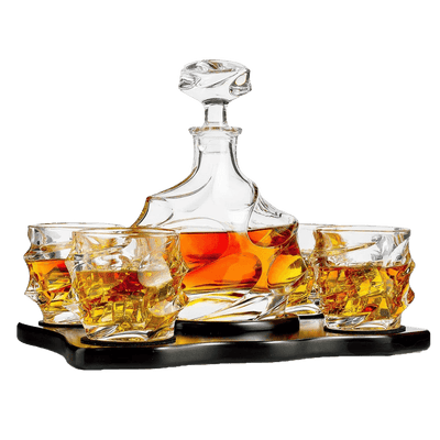 The Wine Savant Wine and Whiskey Mountain Decanter with 4 Glasses and Wood Tray 750 ML
