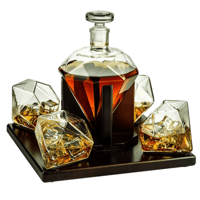 The Wine Savant Diamond Whiskey and Wine Decanter, Great Gift! 750ml With 4 Diamond Glasses and Beautiful Mahogany Wooden Holder Liquor, Scotch, Rum, Bourbon, Vodka, Tequila Decanter
