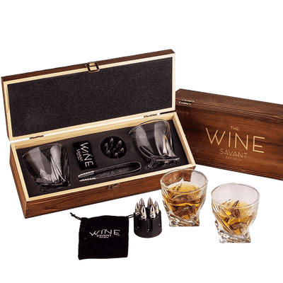 Whiskey Stones Gift Set for Men, by The Wine Savant, 6 Stainless Steel Whiskey Stones, 2 Twisted Glasses, Freezer Pouch & Special Tongs in Pinewood Box