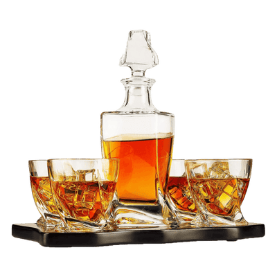 The Wine Savant Italian Crafted Crystal 5 Piece European Style Wine & Whiskey Decanter 855ml with 4 Glasses & Wood Sophisticated Tray Set Spirits, Scotch, & Bourbon Whiskey Decanter Sets for Men