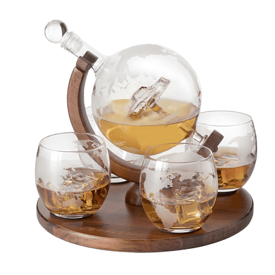 Etched World Decanter Car Whiskey Globe With 4 World Map Glasses