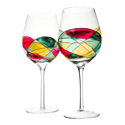 The Wine Savant Artisanal Hand Painted Renaissance Romantic Stain-glassed Windows Wine Glasses Set of 2 - Gift Idea for Her, Him, Birthday, Housewarming - Extra Large Goblets 29OZ (Stemmed)