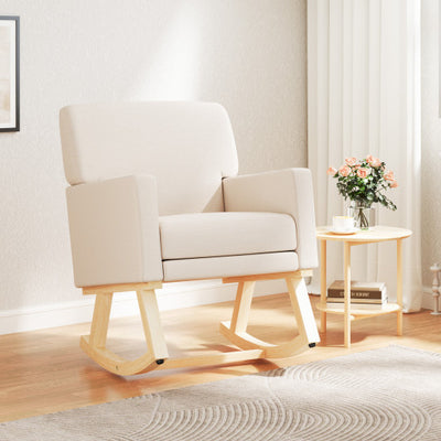 Upholstered Rocking Chair with and Solid Wood Base-Beige