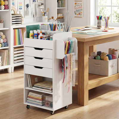 Utility Trolley with Open Shelves and 3 Drawers-White
