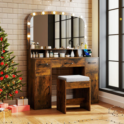 Vanity Desk Makeup Table with Stool 3-Color Lights and Charging Station-Rustic Brown