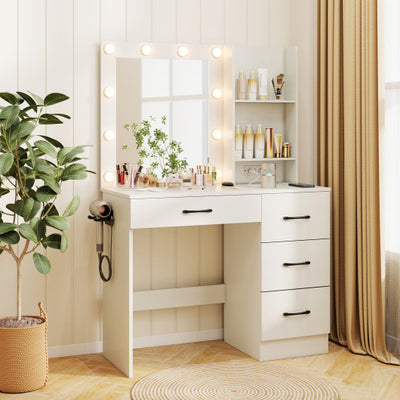 Vanity Desk with 3-Color Lights and Power Outlets-White