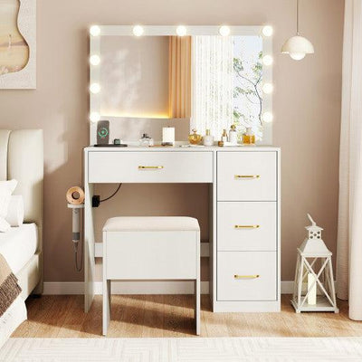Vanity Desk with Mirror and Lights Makeup Dressing Table with Power Outlets-White