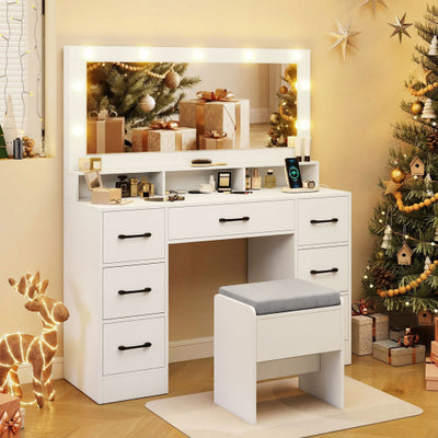 Vanity Desk with Mirror and Lights Makeup Table with Power Outlets-White