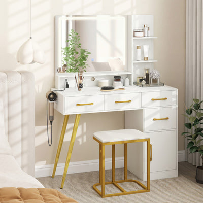 Vanity Set with Mirror and Lights and Table with Adjustable Brightness-White