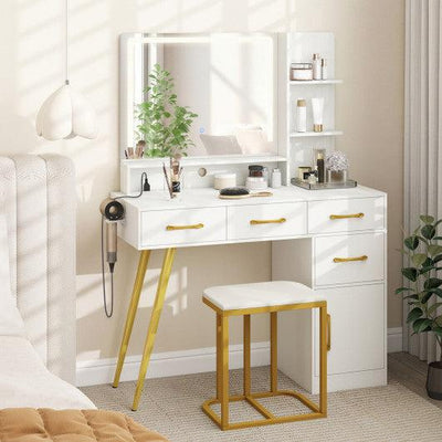 Vanity Set with Mirror and Lights and Table with Adjustable Brightness-White