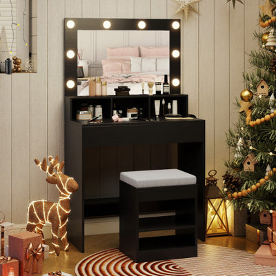 Vanity Table Set with Lighted Mirror and Cushion Stool-Black