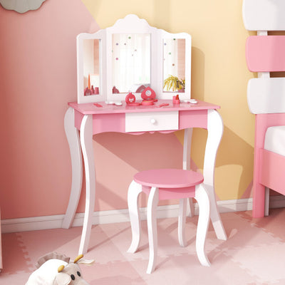 Kid's Wooden Vanity Table and Stool Set with 3-Panel Acrylic Mirror-White