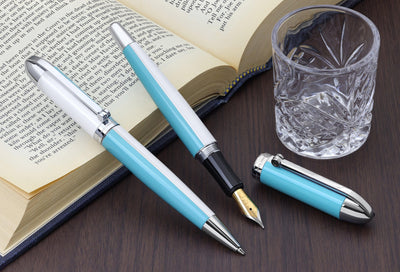 Visionary® Brass & Aluminum Enameled Fountain Pen (Medium Nib) and Ballpoint Pen Set - Sky Blue / White