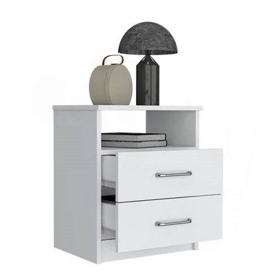 Modern 2-Drawer Nightstand with Open Shelf in White Wood Finish