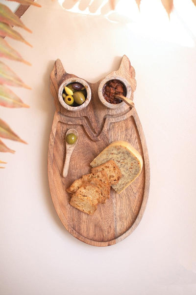 WOOD OWL SERVING BOARD WITH MARBLE BOWLS