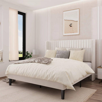 Queen size White Velvet Upholstered Platform Bed Frame with Wingback Headboard