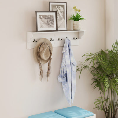 Wall Hooks with Shelf 31.5inch Wooden Coat Rack with 6 Hooks for Hats Towels Purses Robes-White