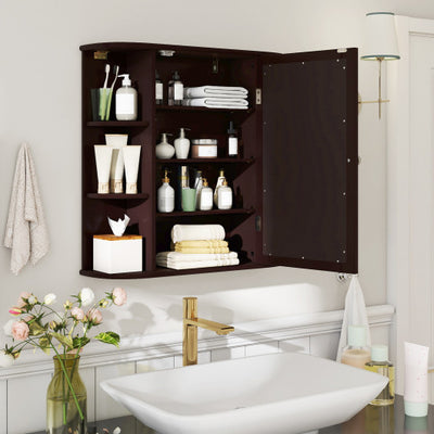 Wall-Mounted Bathroom Mirror Cabinet with Storage Shelves-Brown