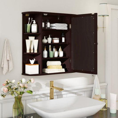 Wall-Mounted Bathroom Mirror Cabinet with Storage Shelves-Brown