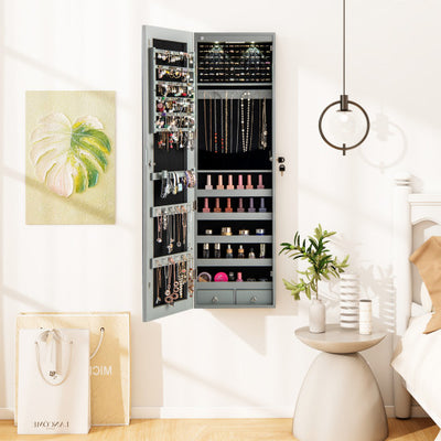 Wall and Door Mounted Mirrored Jewelry Cabinet with Lights-Gray