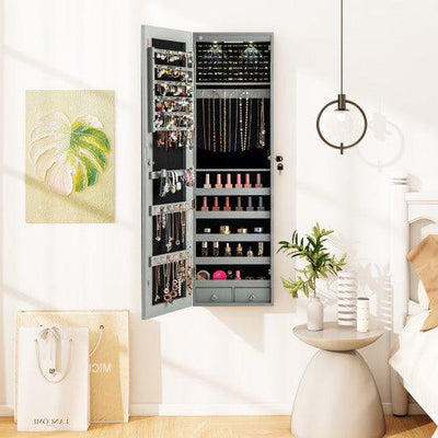 Wall and Door Mounted Mirrored Jewelry Cabinet with Lights-Gray